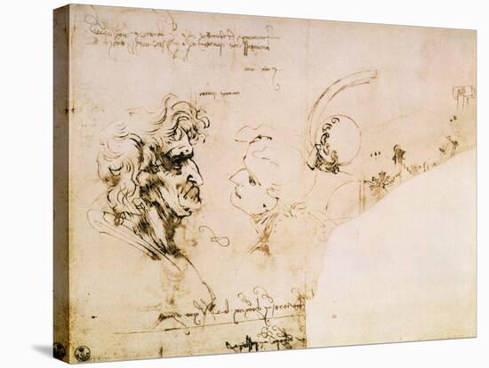 Study of Two Male Heads, Parts of Machinery and Mirror Writing-Leonardo da Vinci-Stretched Canvas