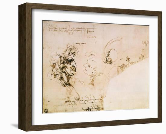 Study of Two Male Heads, Parts of Machinery and Mirror Writing-Leonardo da Vinci-Framed Giclee Print