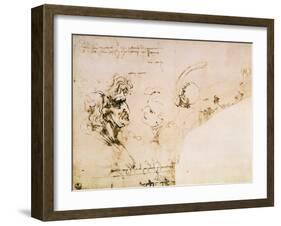 Study of Two Male Heads, Parts of Machinery and Mirror Writing-Leonardo da Vinci-Framed Giclee Print