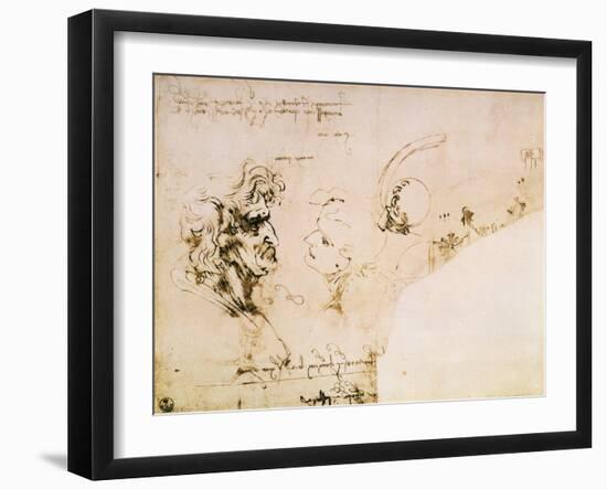 Study of Two Male Heads, Parts of Machinery and Mirror Writing-Leonardo da Vinci-Framed Giclee Print