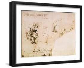 Study of Two Male Heads, Parts of Machinery and Mirror Writing-Leonardo da Vinci-Framed Giclee Print