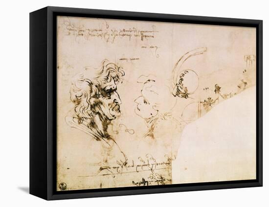 Study of Two Male Heads, Parts of Machinery and Mirror Writing-Leonardo da Vinci-Framed Stretched Canvas