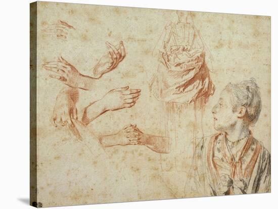 Study, Red Chalk Drawing, Pencil and Black Chalk-Jean Antoine Watteau-Stretched Canvas