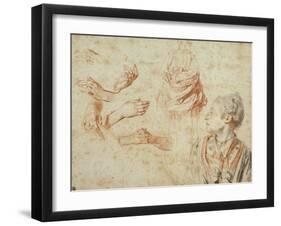 Study, Red Chalk Drawing, Pencil and Black Chalk-Jean Antoine Watteau-Framed Giclee Print