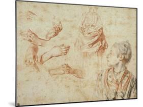 Study, Red Chalk Drawing, Pencil and Black Chalk-Jean Antoine Watteau-Mounted Giclee Print
