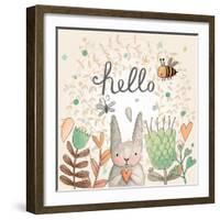 Stunning Card with Cute Rabbit, Butterfly and Bee in Summer Flowers. Awesome Background Made in Wat-smilewithjul-Framed Art Print