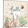 Stunning Card with Cute Rabbit, Butterfly and Bee in Summer Flowers. Awesome Background Made in Wat-smilewithjul-Mounted Art Print