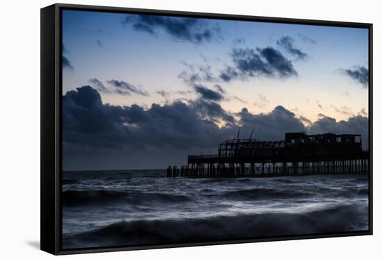 Stunning Colorful Winter Sunset Sky above Burned out Pier at Sea-Veneratio-Framed Stretched Canvas