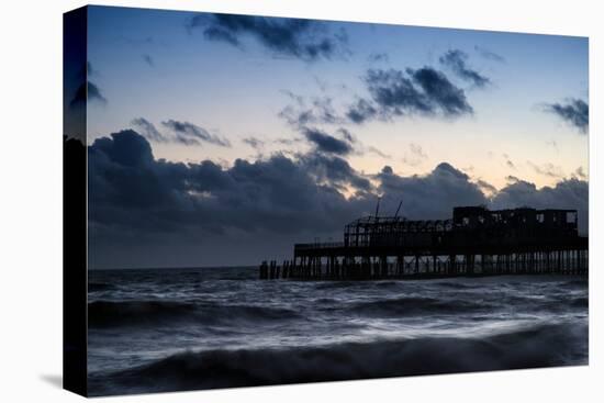 Stunning Colorful Winter Sunset Sky above Burned out Pier at Sea-Veneratio-Stretched Canvas