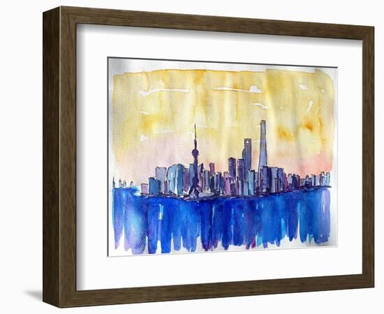 Stunning Shanghai Skyline in Watercolor-Markus Bleichner-Framed Art Print