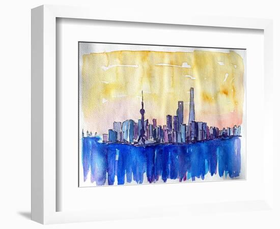 Stunning Shanghai Skyline in Watercolor-Markus Bleichner-Framed Art Print