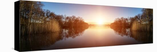 Stunning Spring Sunrise Landscape over Lake with Reflections and Jetty-Veneratio-Stretched Canvas