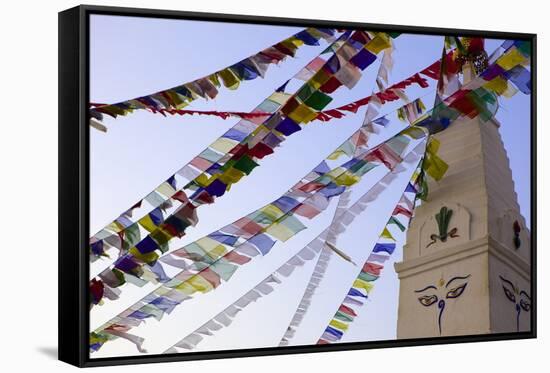 Stupa and Prayer Flags in the Whochen Thokjay Choyaling Monastery, Swayambhu, Nepal, Asia-Simon Montgomery-Framed Stretched Canvas