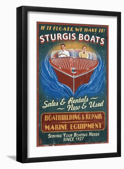 Sturgis, Michigan - Wooden Boats - Vintage Sign-Lantern Press-Framed Art Print