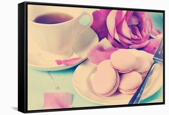 Stylish, Elegant, Shabby Chic Style Vintage Aqua Blue Tray with Macarons, Cup of Tea and Bright Pin-Milleflore Images-Framed Stretched Canvas