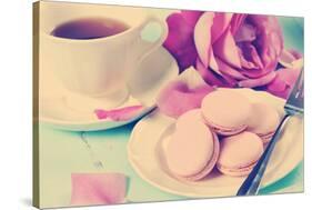 Stylish, Elegant, Shabby Chic Style Vintage Aqua Blue Tray with Macarons, Cup of Tea and Bright Pin-Milleflore Images-Stretched Canvas