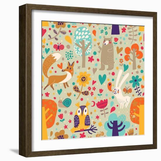 Stylish Floral Seamless Pattern with Forest Animals: Bear, Fox, Owl, Rabbit. Vector Background With-smilewithjul-Framed Art Print