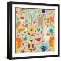 Stylish Floral Seamless Pattern with Forest Animals: Bear, Fox, Owl, Rabbit. Vector Background With-smilewithjul-Framed Art Print