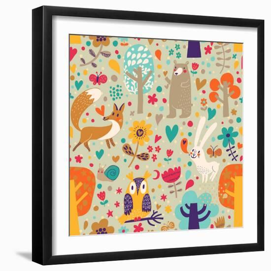 Stylish Floral Seamless Pattern with Forest Animals: Bear, Fox, Owl, Rabbit. Vector Background With-smilewithjul-Framed Art Print