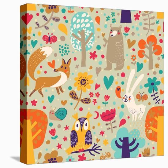 Stylish Floral Seamless Pattern with Forest Animals: Bear, Fox, Owl, Rabbit. Vector Background With-smilewithjul-Stretched Canvas