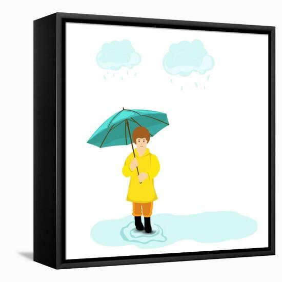 Stylish Girl Holding Green Umbrella on Blue Stormy Clouds Background for Monsoon Season.-Allies Interactive-Framed Stretched Canvas