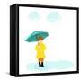 Stylish Girl Holding Green Umbrella on Blue Stormy Clouds Background for Monsoon Season.-Allies Interactive-Framed Stretched Canvas