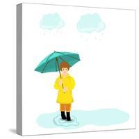 Stylish Girl Holding Green Umbrella on Blue Stormy Clouds Background for Monsoon Season.-Allies Interactive-Stretched Canvas