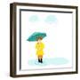 Stylish Girl Holding Green Umbrella on Blue Stormy Clouds Background for Monsoon Season.-Allies Interactive-Framed Art Print