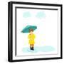 Stylish Girl Holding Green Umbrella on Blue Stormy Clouds Background for Monsoon Season.-Allies Interactive-Framed Art Print