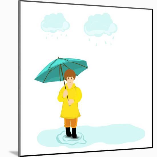 Stylish Girl Holding Green Umbrella on Blue Stormy Clouds Background for Monsoon Season.-Allies Interactive-Mounted Art Print