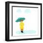Stylish Girl Holding Green Umbrella on Blue Stormy Clouds Background for Monsoon Season.-Allies Interactive-Framed Art Print