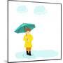 Stylish Girl Holding Green Umbrella on Blue Stormy Clouds Background for Monsoon Season.-Allies Interactive-Mounted Art Print