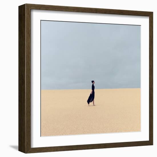 Stylish Girl in Black Clothes Walking in the Desert-Evgeniya Porechenskaya-Framed Photographic Print