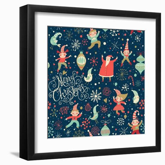 Stylish Merry Christmas Seamless Pattern with Santa Claus, Elves, Birds, Candies and Toys in Vector-smilewithjul-Framed Art Print