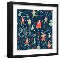 Stylish Merry Christmas Seamless Pattern with Santa Claus, Elves, Birds, Candies and Toys in Vector-smilewithjul-Framed Art Print