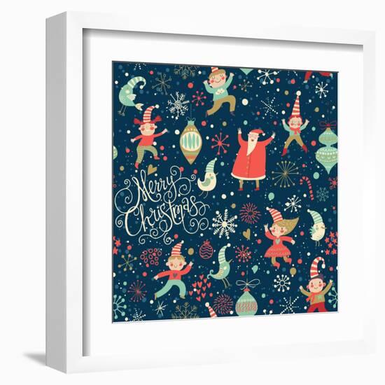 Stylish Merry Christmas Seamless Pattern with Santa Claus, Elves, Birds, Candies and Toys in Vector-smilewithjul-Framed Art Print