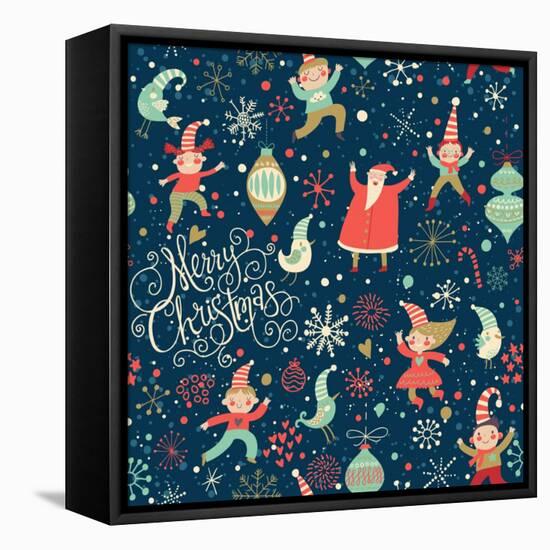 Stylish Merry Christmas Seamless Pattern with Santa Claus, Elves, Birds, Candies and Toys in Vector-smilewithjul-Framed Stretched Canvas