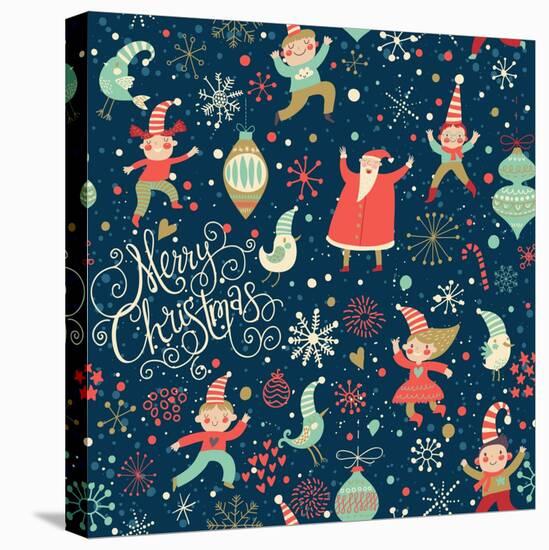 Stylish Merry Christmas Seamless Pattern with Santa Claus, Elves, Birds, Candies and Toys in Vector-smilewithjul-Stretched Canvas