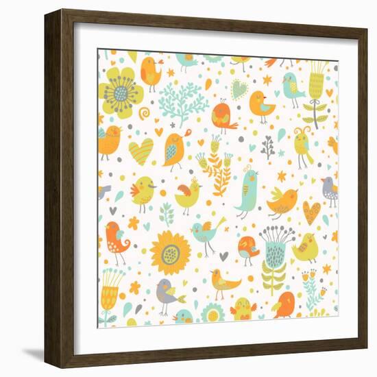 Stylish Seamless Pattern Made of Cute Birds, Beautiful Flowers and Hearts in Vector. Seamless Patte-smilewithjul-Framed Art Print