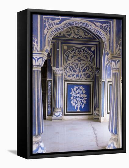 Stylized Foral Motif, Chalk Blue and White Painted Mahal, the City Palace, Jaipur, India-John Henry Claude Wilson-Framed Stretched Canvas