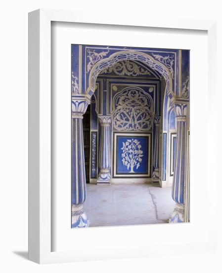 Stylized Foral Motif, Chalk Blue and White Painted Mahal, the City Palace, Jaipur, India-John Henry Claude Wilson-Framed Photographic Print