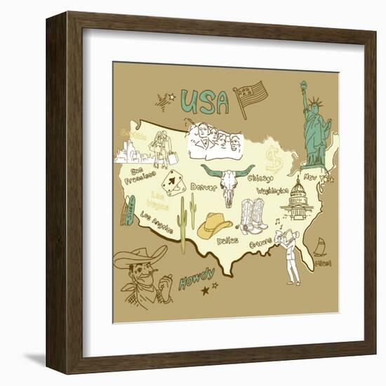 Stylized Map Of America. Things That Different Regions In Usa Are Famous For-Alisa Foytik-Framed Art Print