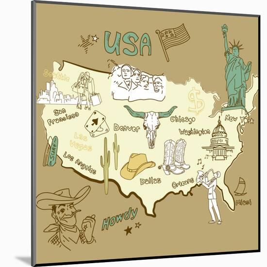 Stylized Map Of America. Things That Different Regions In Usa Are Famous For-Alisa Foytik-Mounted Art Print