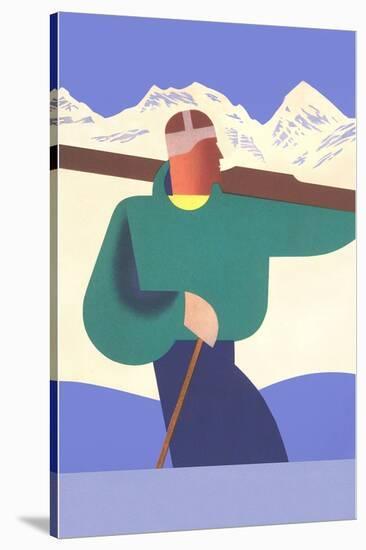 Stylized Skier in Mountains-null-Stretched Canvas