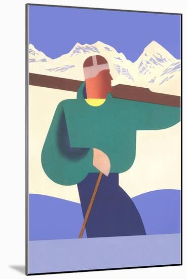 Stylized Skier in Mountains-null-Mounted Art Print