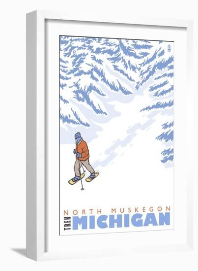 Stylized Snowshoer, North Muskegon, Michigan-Lantern Press-Framed Art Print