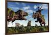 Styracosaurus and Tyrannosaurus Rex Dinosaur Sculptures-null-Framed Art Print