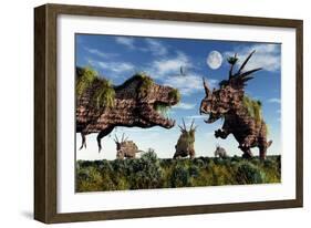 Styracosaurus and Tyrannosaurus Rex Dinosaur Sculptures-null-Framed Premium Giclee Print