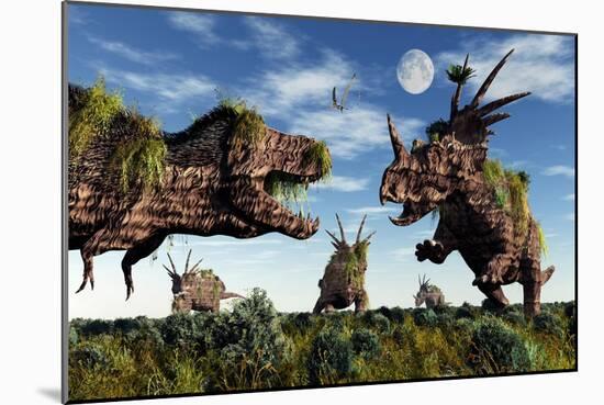 Styracosaurus and Tyrannosaurus Rex Dinosaur Sculptures-null-Mounted Premium Giclee Print