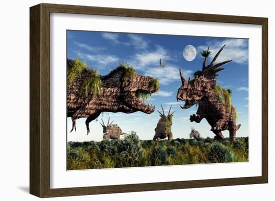 Styracosaurus and Tyrannosaurus Rex Dinosaur Sculptures-null-Framed Art Print